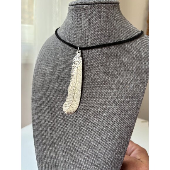 Handmade Silverware Feather Pendant Necklace - Upcycled "First Love" Knife - Picture 6 of 11
